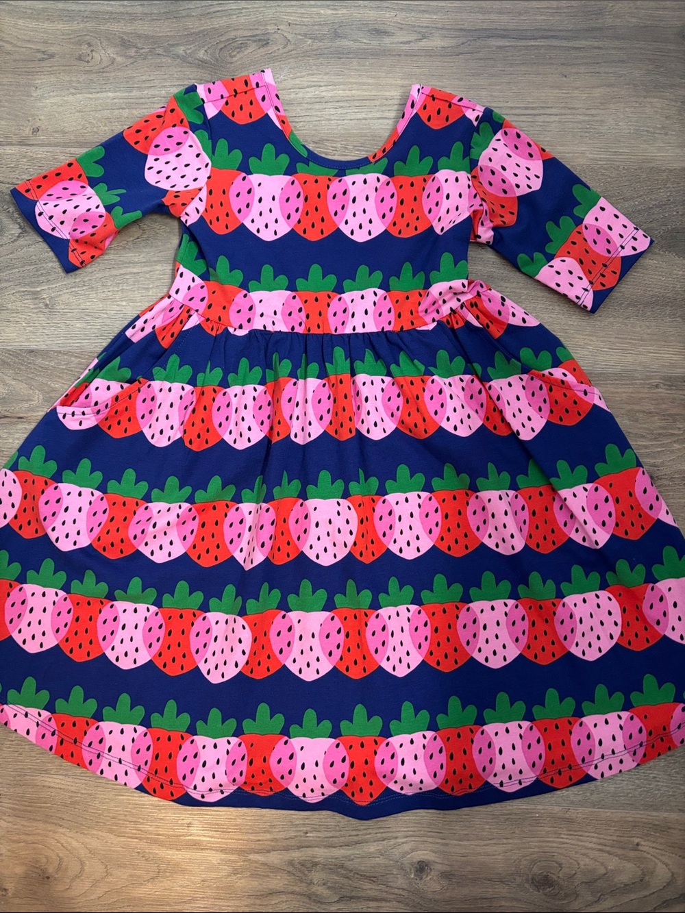 Hanna Andersson Navy Dress with Pink & Red Strawberry Rows